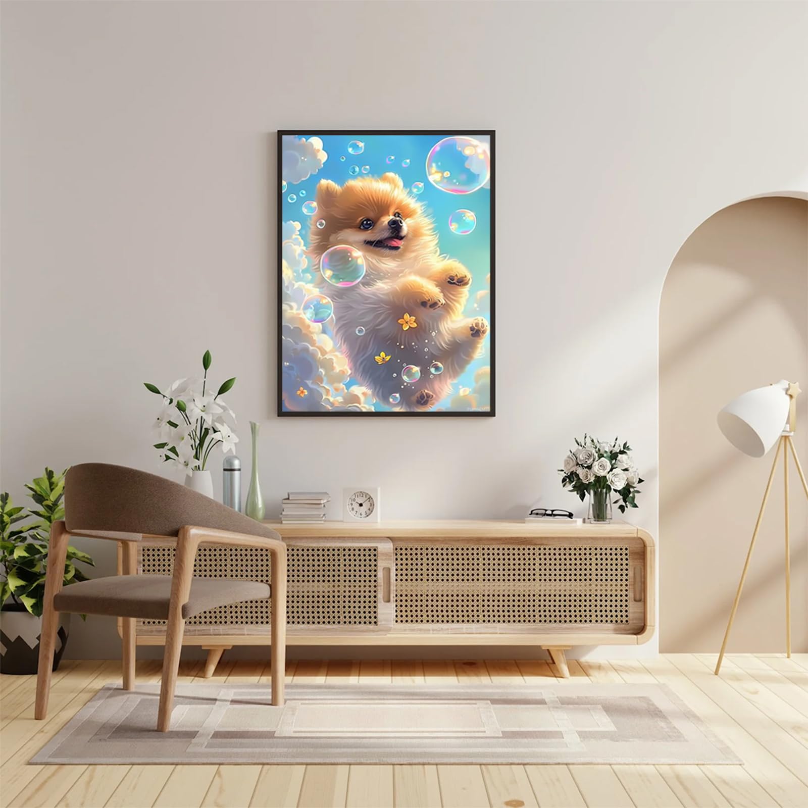 PUAGEMTI Bubbles and Pomeranian Funny Diamond Painting Kit per adulti fai da te Full Drill Diamond Art Pomerania 5D Diamond Dots Kit pittura artigianato per la decorazione della casa 30,5 x 40,6 cm