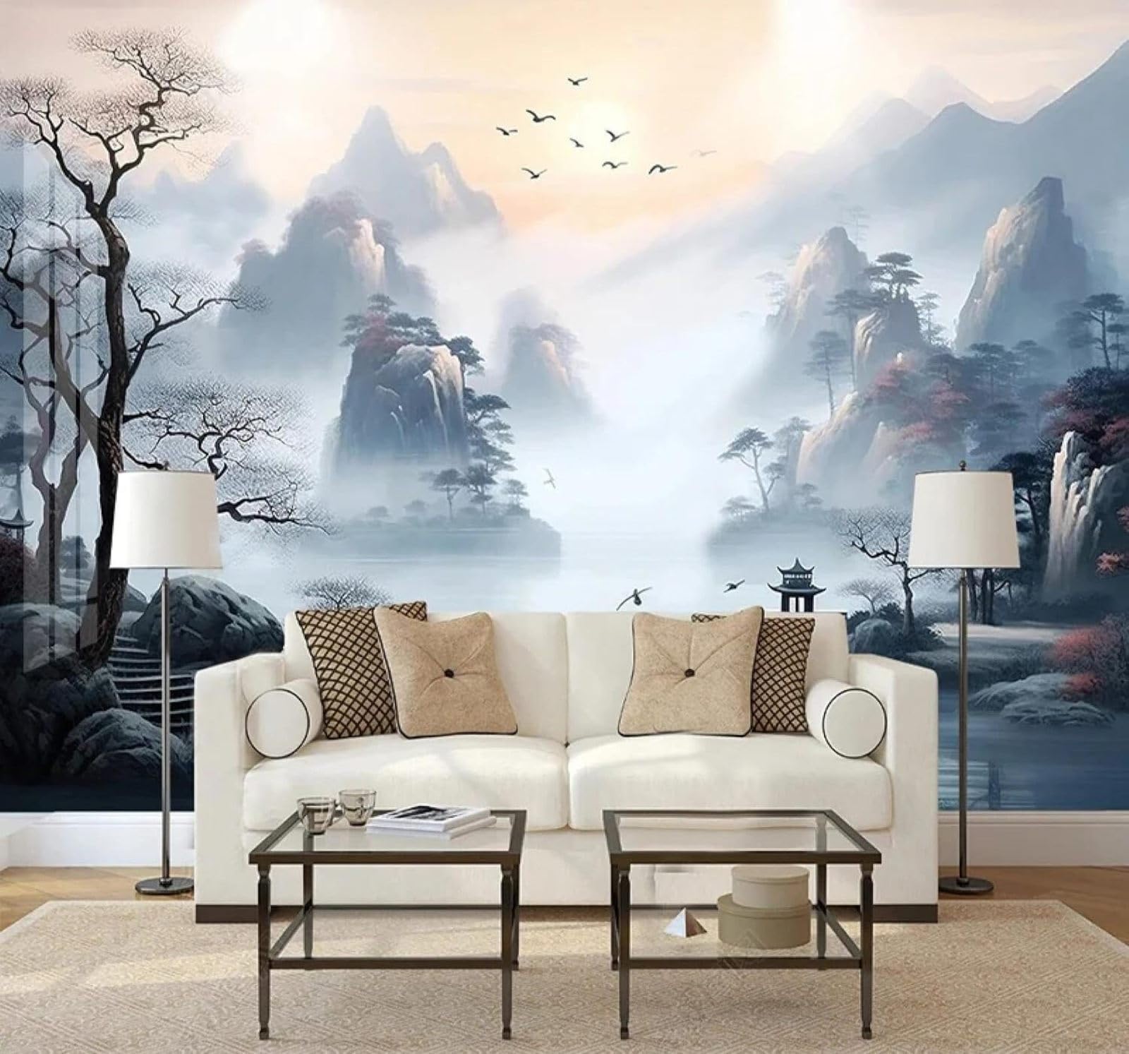 XLMING Ethereal Morning Ink Wash Landscape Scenery 3D Wallpaper Luxury Silk Study Dining Feature Sofa Grey Bedroom Living Room Tv Decorative Wall-430cm×300cm