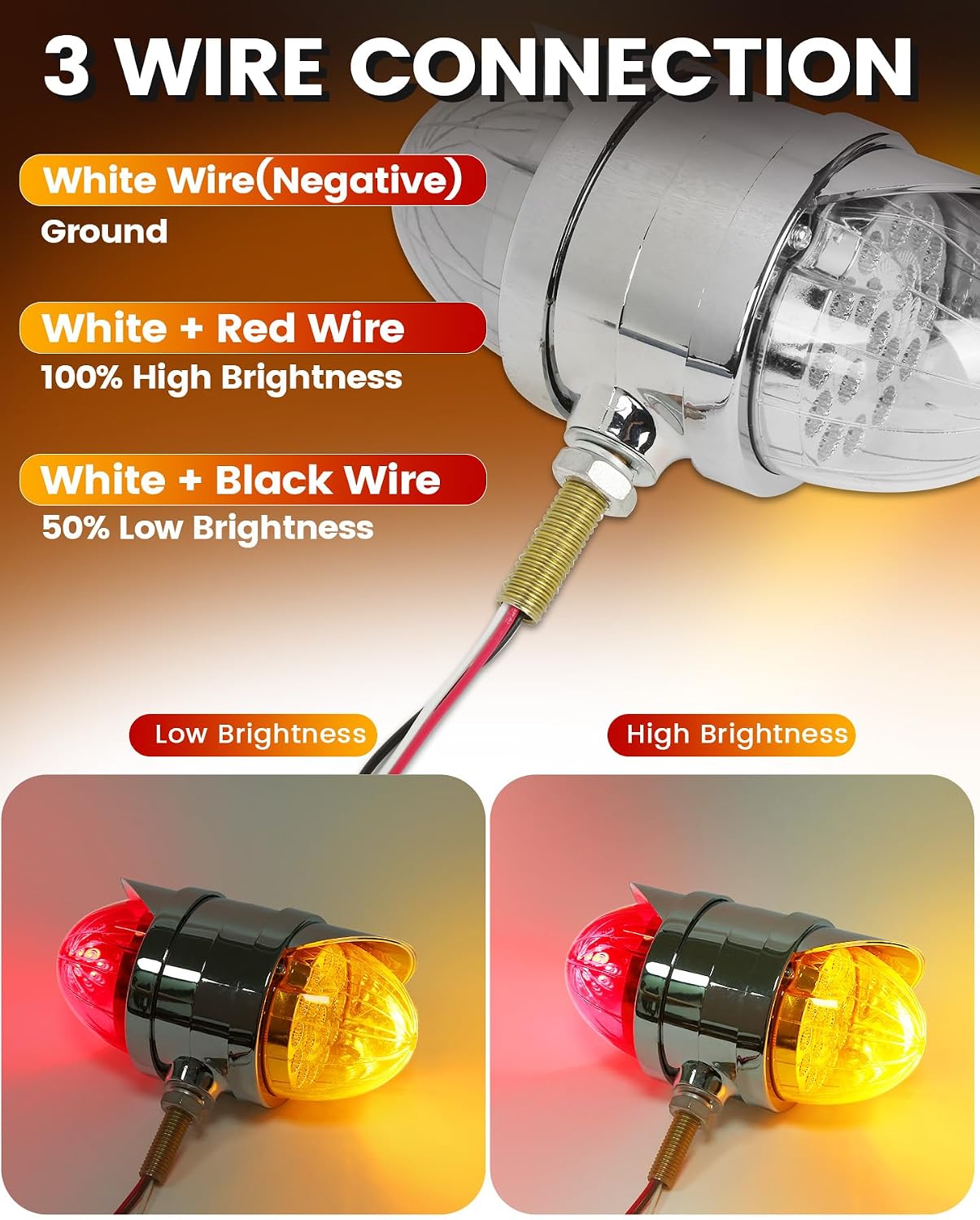 2PCS Amber/Red Double Face 34 LED Watermelon Turn Signal Lights w/Visor, Semi Truck Chrome Auxiliary Waterproof Dual Revolution LED Lights for Freightliner Peterbilt Kenworth Mack Western Star