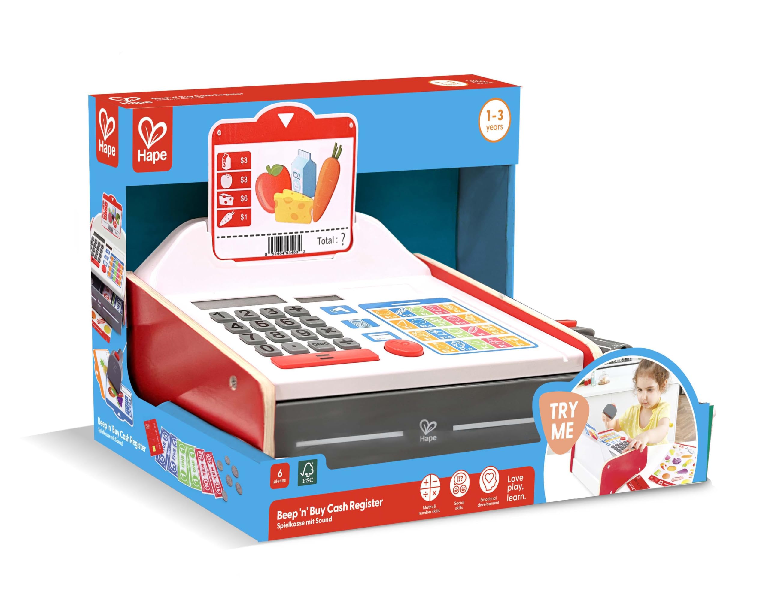 Hape Jeu Caisse Enregistreuse Enfants - Enfants 3 Ans et Plus - Inclus Trois d’écran, Une Feuille d’Autocollants, Une Carte bancaire, Pièces - Jeu d'Imitation Courses - Motricité Fine, Langage