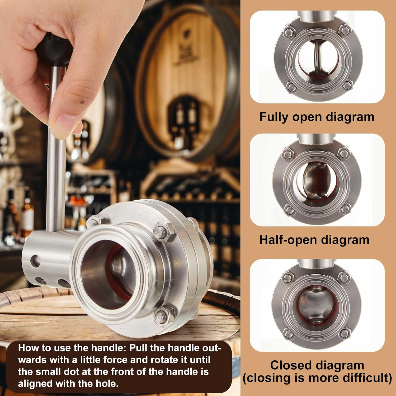 2 Pack Sanitary Butterfly Valve with Pull Handle 304 Stainless Steel Three-clamp Clover(1'' Tube Od)