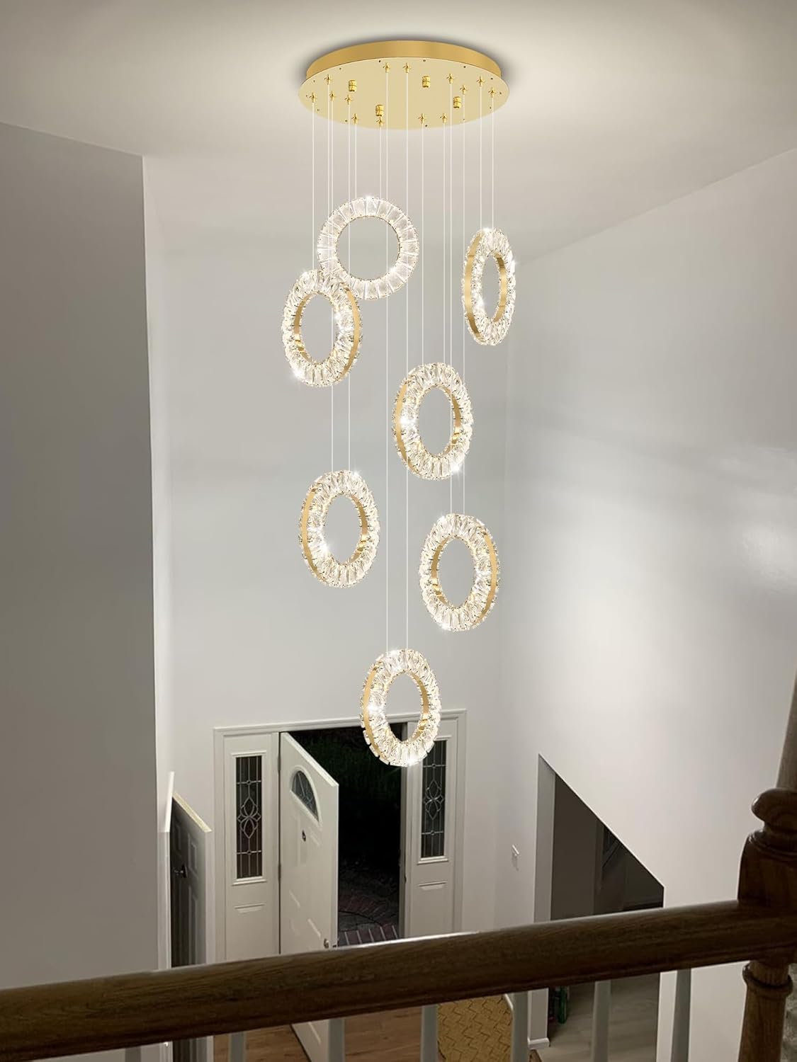 6-Lights Crystal Ring Chandeliers for Staircases Modern Gold Chandeliers for High Ceilings Crystal Pendant Light Fixture for Living Room Kitchen Island Foyer Hallway Bar