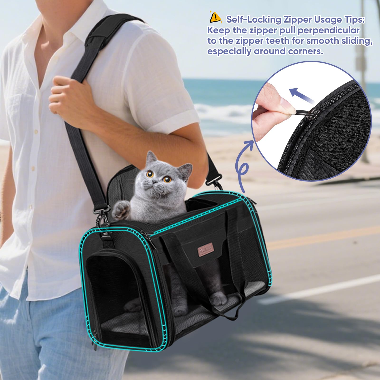 BALEINE Transportador para gatos y cachorros para mascotas pequeñas y medianas de hasta 15 libras, bolsa de viaje para perros de lados suaves con cremalleras de seguridad, funda de transporte plegable