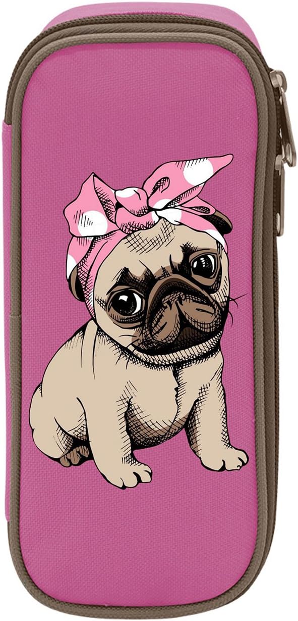 MOPE Pink Pug Pencil Case Double Zipper Large Storage Space Mulit-Function Stationary Portable Makeup Bag