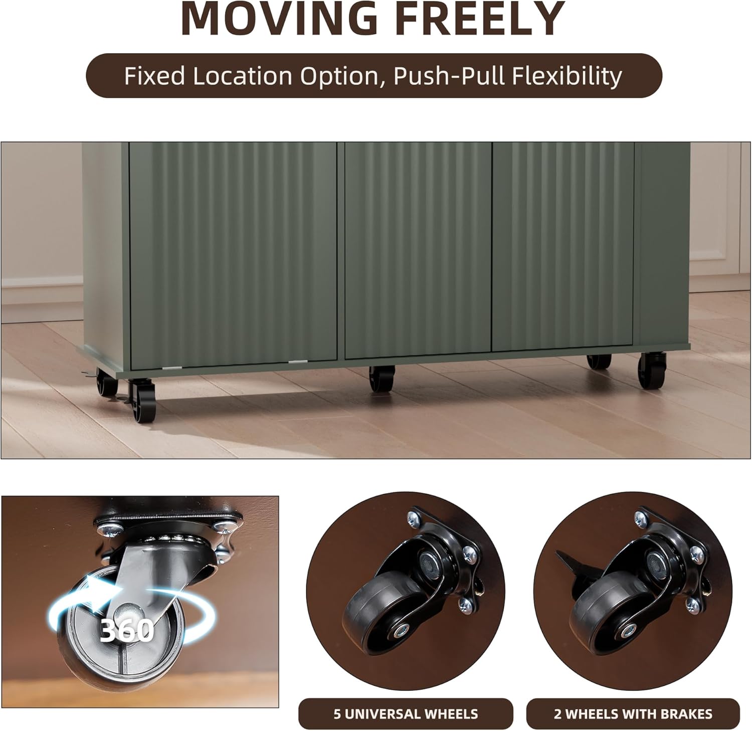 47" Kitchen Island with Wavy Door, Hidden Trash Storage & Drop-Leaf Countertop, Rolling Kitchen Cart with Spice Rack, Drawers and Locking Wheels, Mobile Island Table for Kitchen, Green