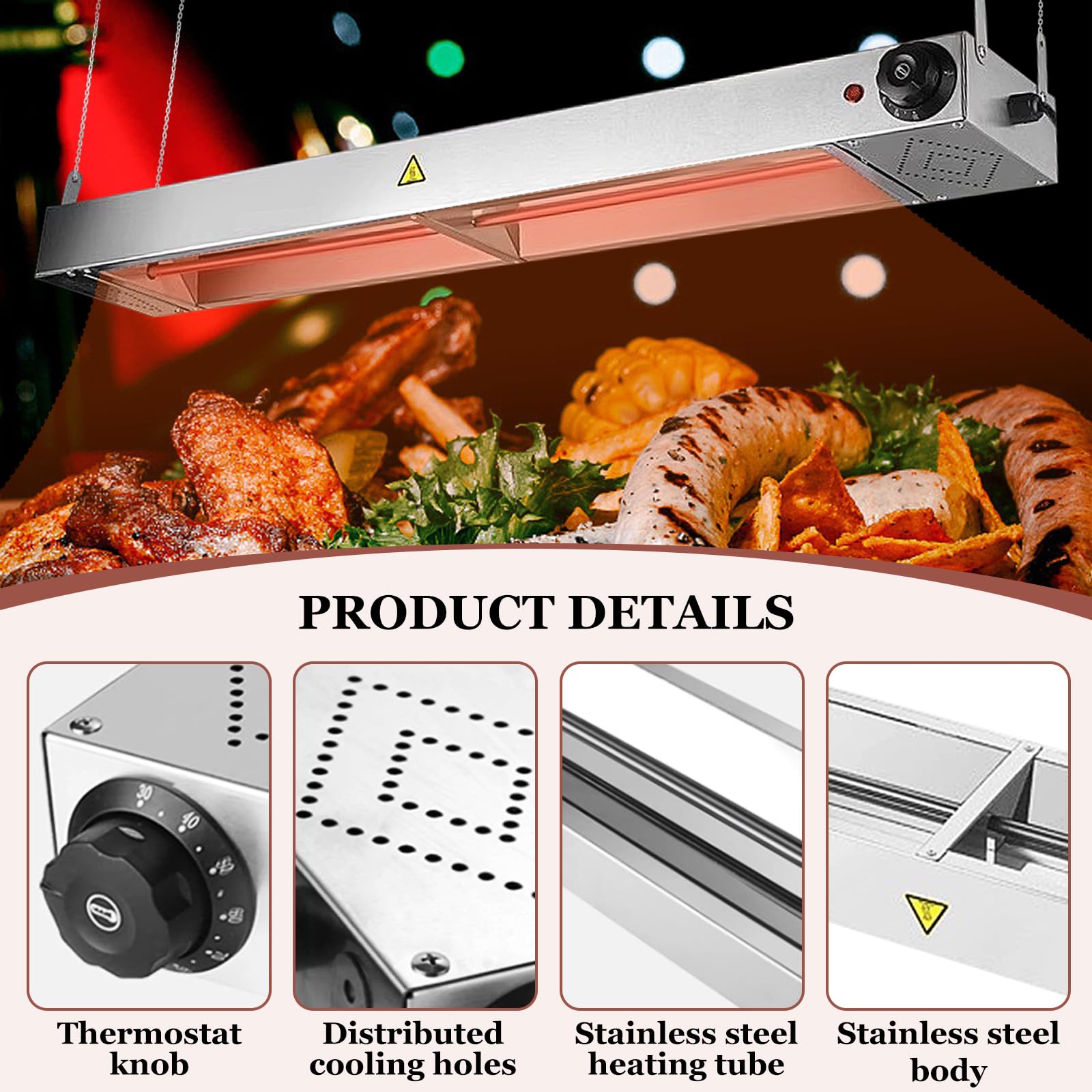 Lampara de Calor para Alimentos, Acero Inoxidable Lámpara de Calor Cocina, Comercial Lámpara Calentadora de Platos, Profesional Lámpara Calentamiento Infrarojos para Buffet (90cm, 2piezas)