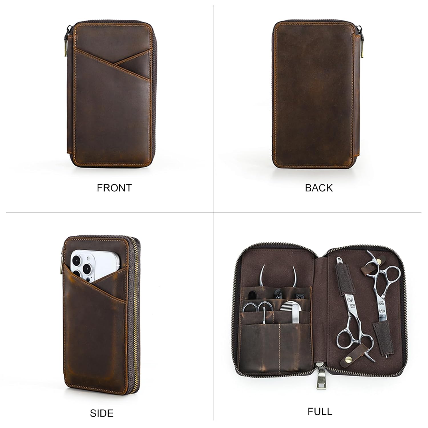 Hiram Handmade Leather Hairdressing Manicure Set Case 2-in-1 Travel Groomer Organizer Pouch with Scissors Holder Oil Nubuck Cowhide Case for Nail Tools & Combs External Phone Pocket