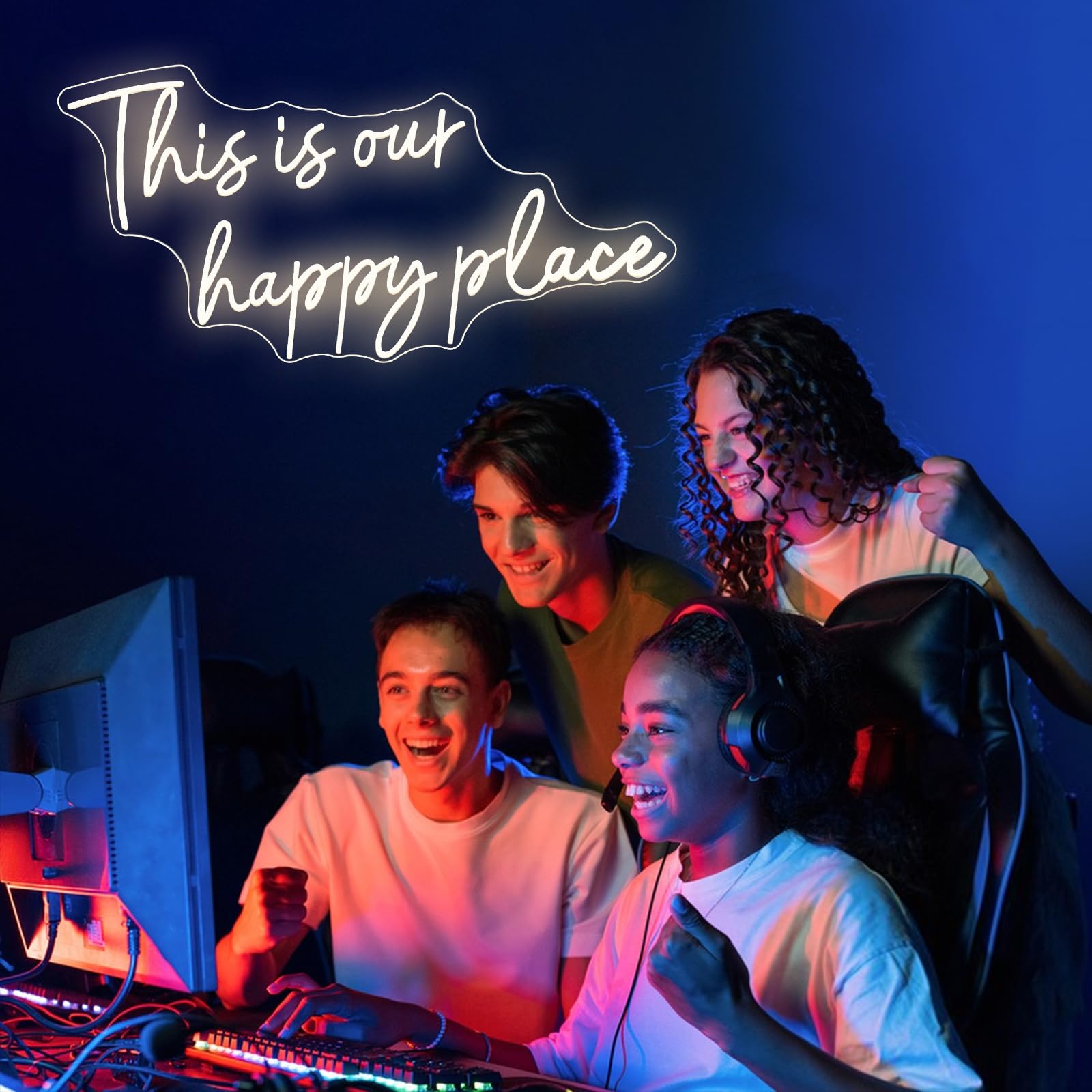 This is Our Happy Place Neonschilder Warmweißes LED-Neonschild ästhetische Raumdekoration für Teen-Mädchen Glücklicher Ort Licht für Schlafzimmer Salon Hochzeit Verlobungsparty