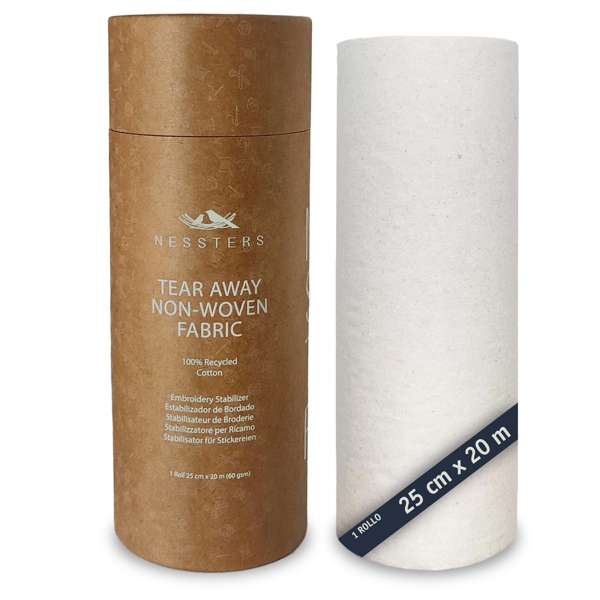 Estabilizador de Bordado Tear Away (desgarrable) - Rollo de 25cm x 20m, Peso Medio (60 gsm) - Papel de Bordado de rasgar para Bordar a máquina o a Mano - Estabilizador rasgable para bordar