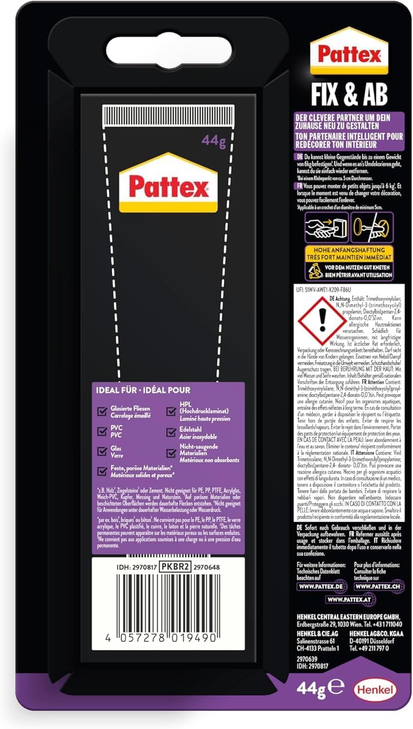 Pattex Montaggio Rimovibile Kleben statt Bohren Fix & Ab, Adesivo Forte per Mensole e Supporti a Parete, Tubo 44 g, PVC