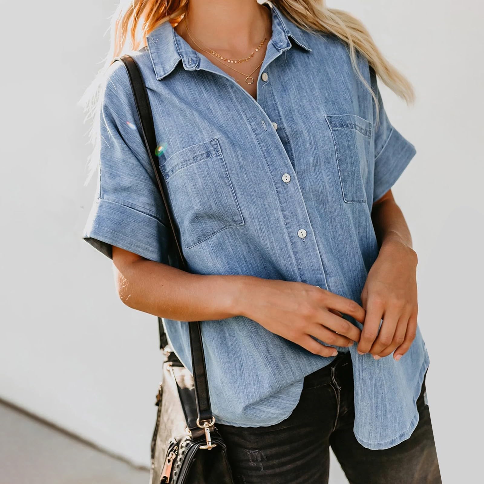 Generico Camicia da Donna A Maniche Corte con Colletto - T-Shirt Casual