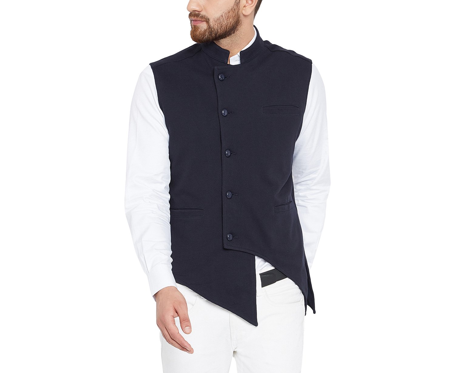 Navy Blue Color Cotton Asymmetrical Waistcoat for Men(HYPM02131)-image-48