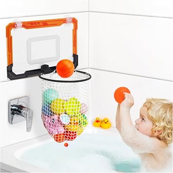 Baby Bath Toy Storage Organizer with Strong Adhesive Suction Cups, Secure Hold Bath Basketball Hoop,Large Capacity Bath Toy Holder for Quick-Dry and Release of Toys for Tub,2-in-1 Fun & Storage