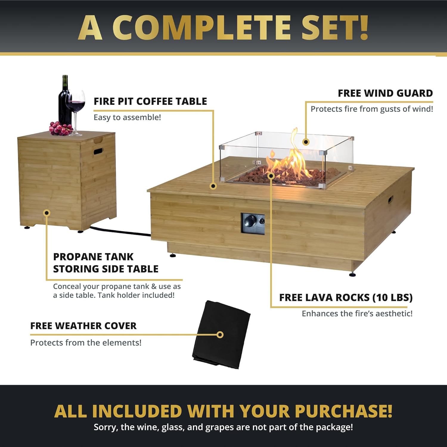 43" Gas Fire Pit Table with Propane Tank Cover Table Wood Grain Design Square Includes Lava Rocks and Weatherproof Cover for Outdoor Patios Parties Garden 50,000 BTUs CSA Certified