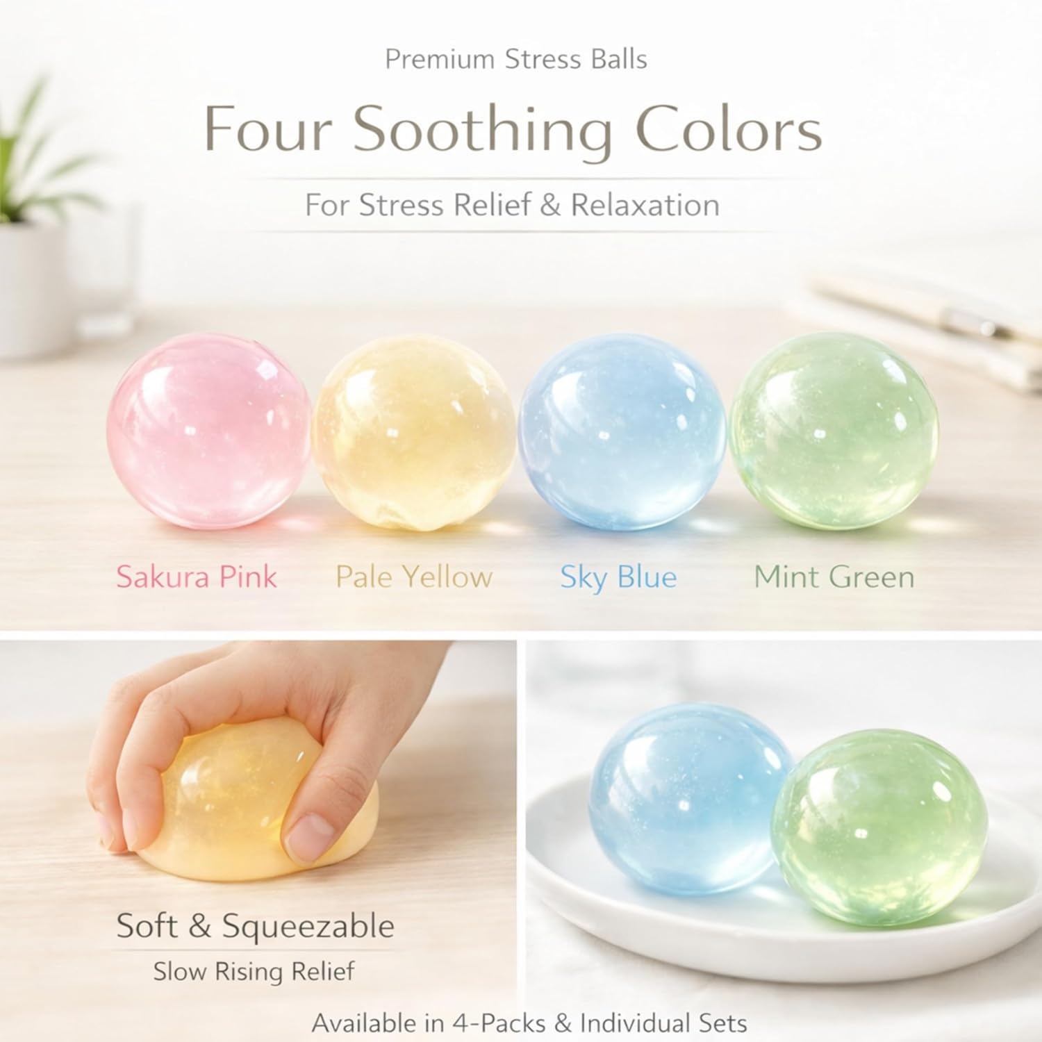 Coconut Oil Stress Ball, Slow-Rising Coconut Squishy Ball, Soft Non-Sticky Squeeze Toy, Odorless & Easy to Clean, Durable Fidget for Stress Relief, Focus, Office, Study & Home (4 Colors 6 cm)