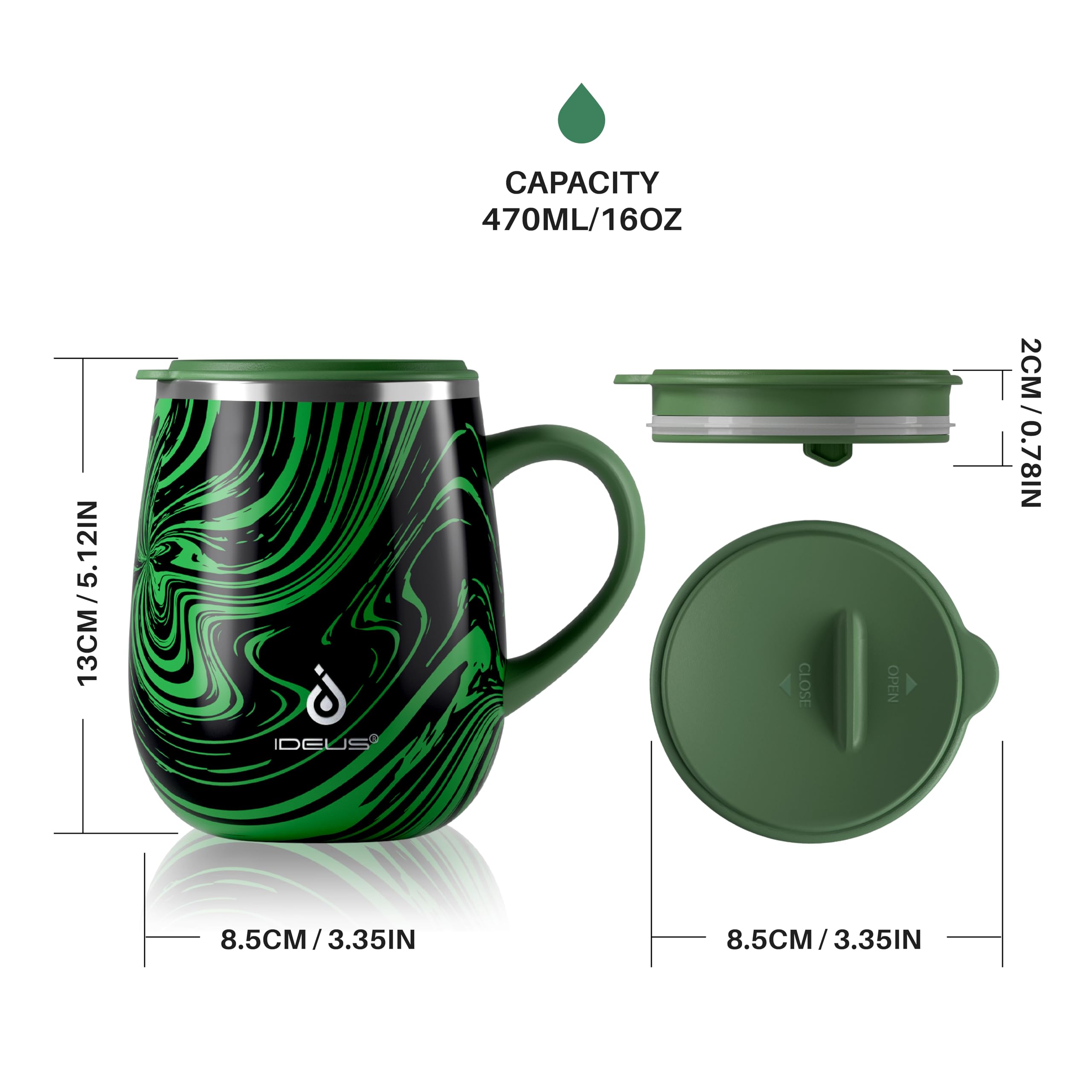 Ideus Tasse à café isotherme de 473 ml avec poignée et couvercle (zèbre vert) | Tasse à café isotherme à double paroi en acier inoxydable pour la maison et le bureau