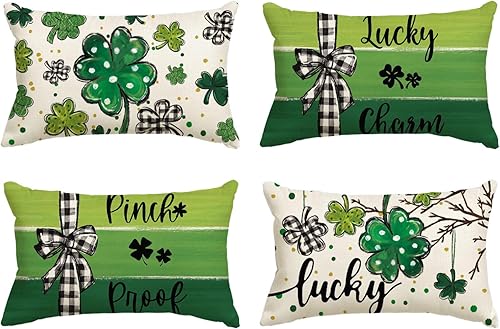 AVOIN colorlife ST Patricks Day - Juego de 4 fundas de almohada con diseño de trébol de la suerte, 12 x 20 pulgadas, diseño de búfalo a cuadros con