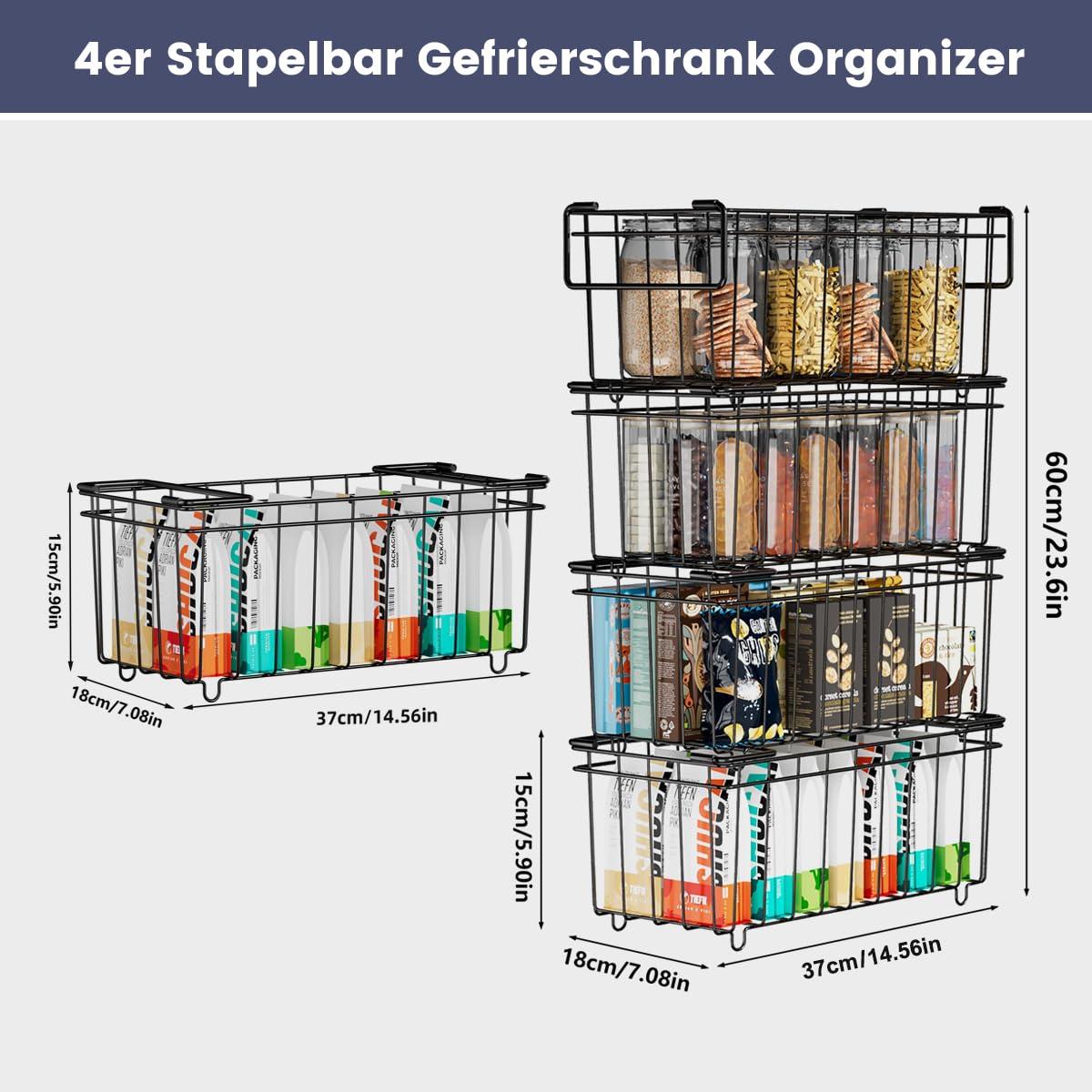 4er Stapelbar Gefrierschrank Organizer für 198L Gefriertruhen Einfacher Zugriff auf Tiefkühlkost Platz, Gefrier korganizer korb mit Griffen einfach zum Sortieren und Essen bekommen
