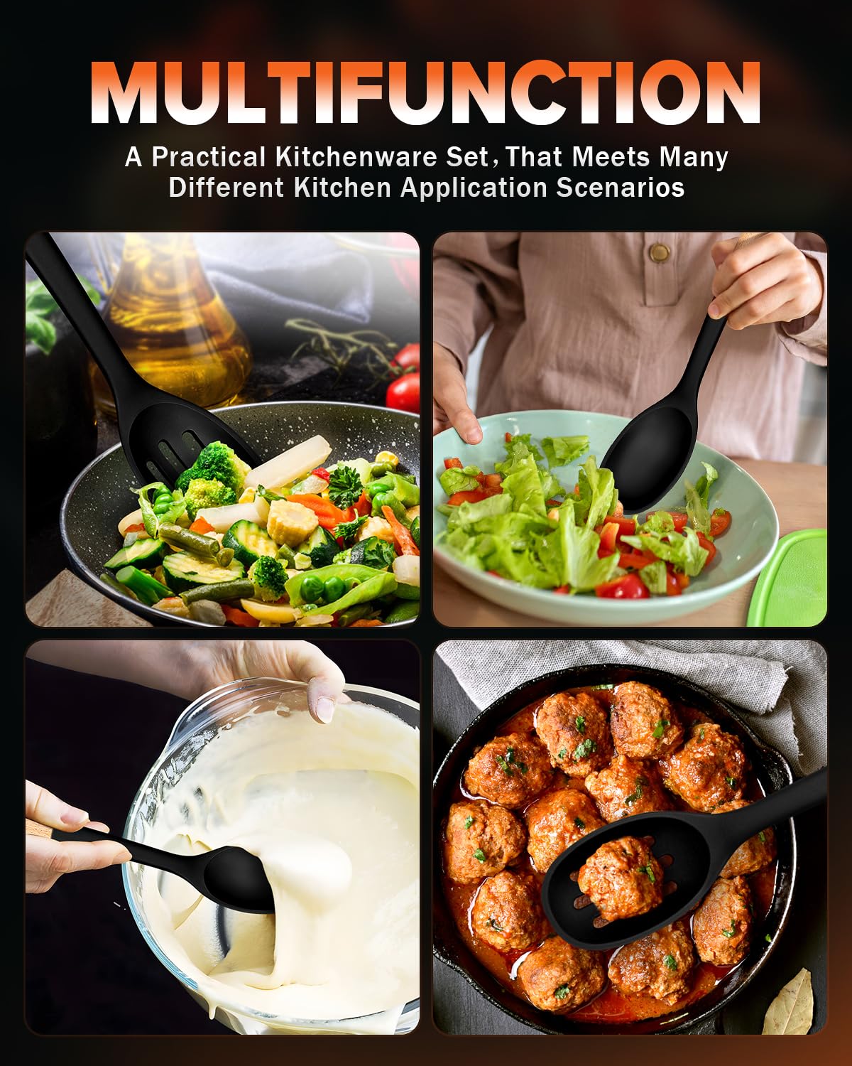 Cucharas de cocina de silicona, ideales para recoger lados y servir guisos abundantes, silicona mate sin BPA, cuchara de servir con mango de madera para superficies de cocción antiadherentes (negro)