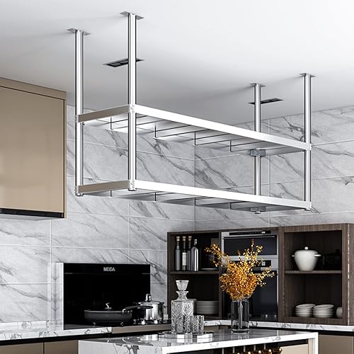 Drsyffsup Estante colgante de cocina, 2 niveles, marco europeo de techo, estantes de almacenamiento para horno de microondas, ollas y sartenes,