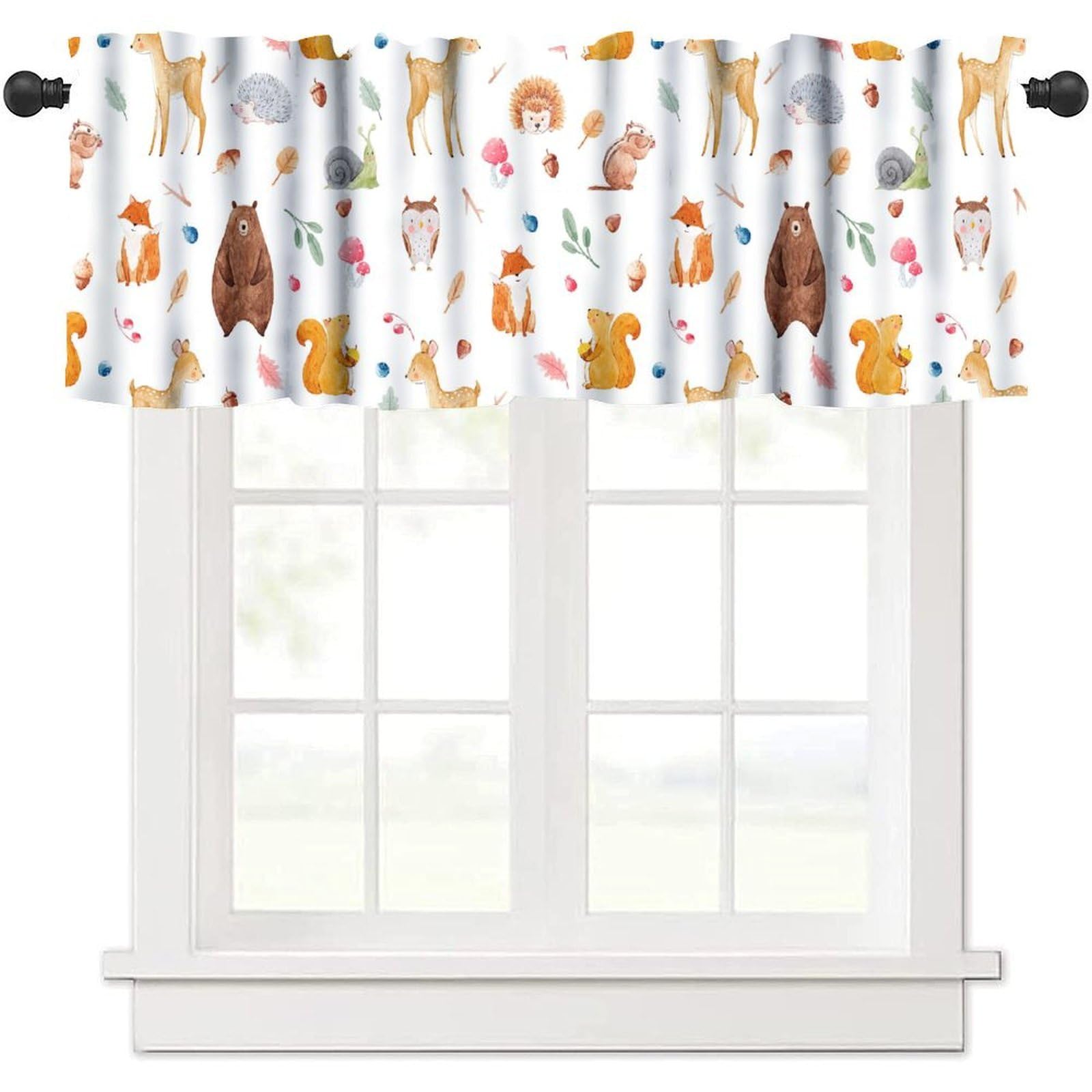 moderw Forest Animal Valance Curtain Rustic Wildlife Animals Watercolor Cute Woodland Autumn Fox Bear Window Treatment Valance for Kids Girls Boys Bedroom Living Room 54x18inch