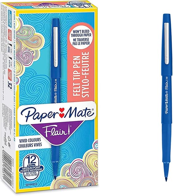 Paper Mate Flair Felt Tip Pens | Medium Point (0.7mm) | Blue | 12 Count