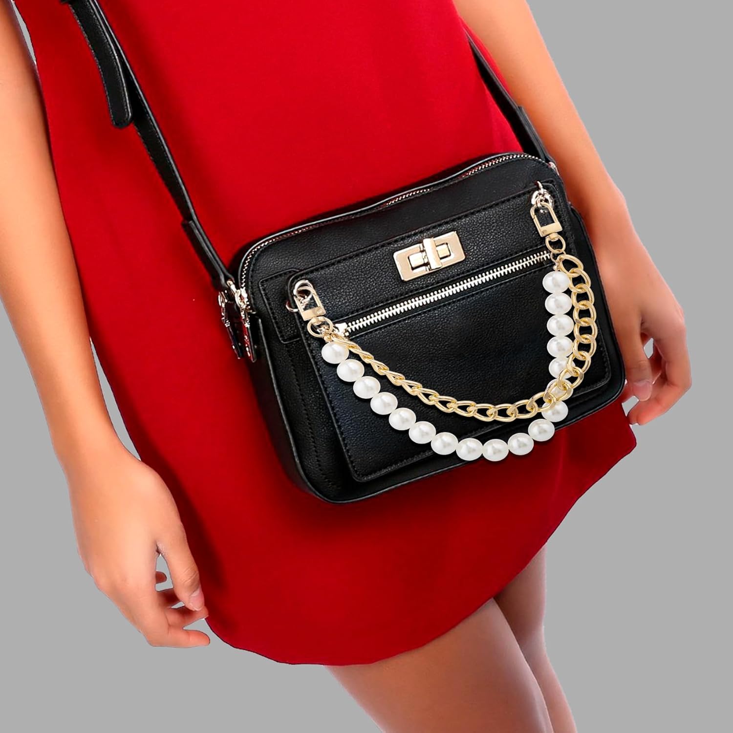 1PCS Pearl Purse Extender Chain, Gold Bag Charm Handle, 14 mm Big Pearl Short Straps Replacement Decoration for Crossbody Bags, Handbags, Accessories for Bags with Metal Buckles - Image 5