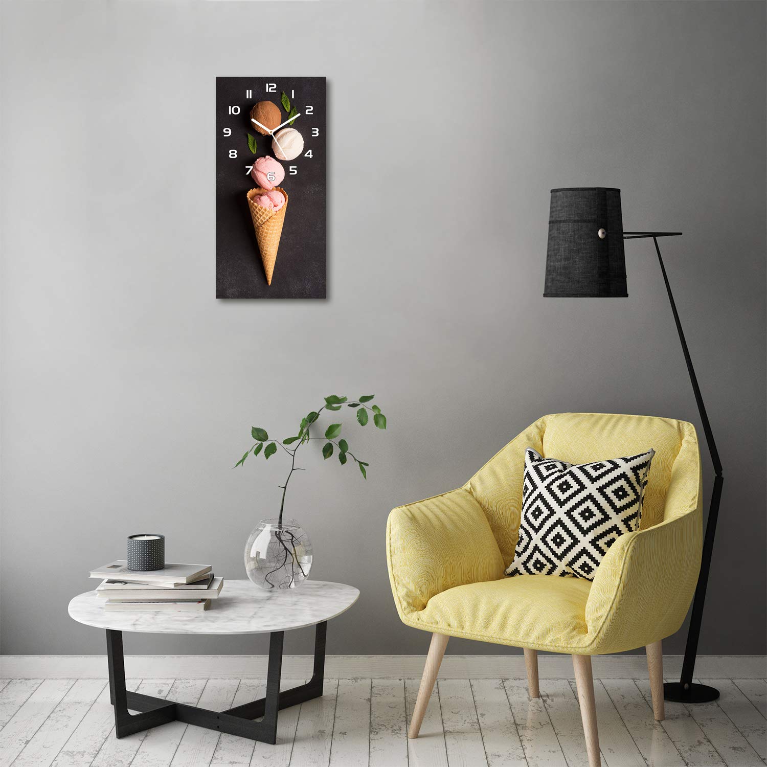 Tulup Glasuhr 30x60 cm - weißen Zeigern - Wanduhr Wandkunst Bild Gehärtetem Glas Uhr Echtglas Küche Wohnzimmer - EIS in der Waffel