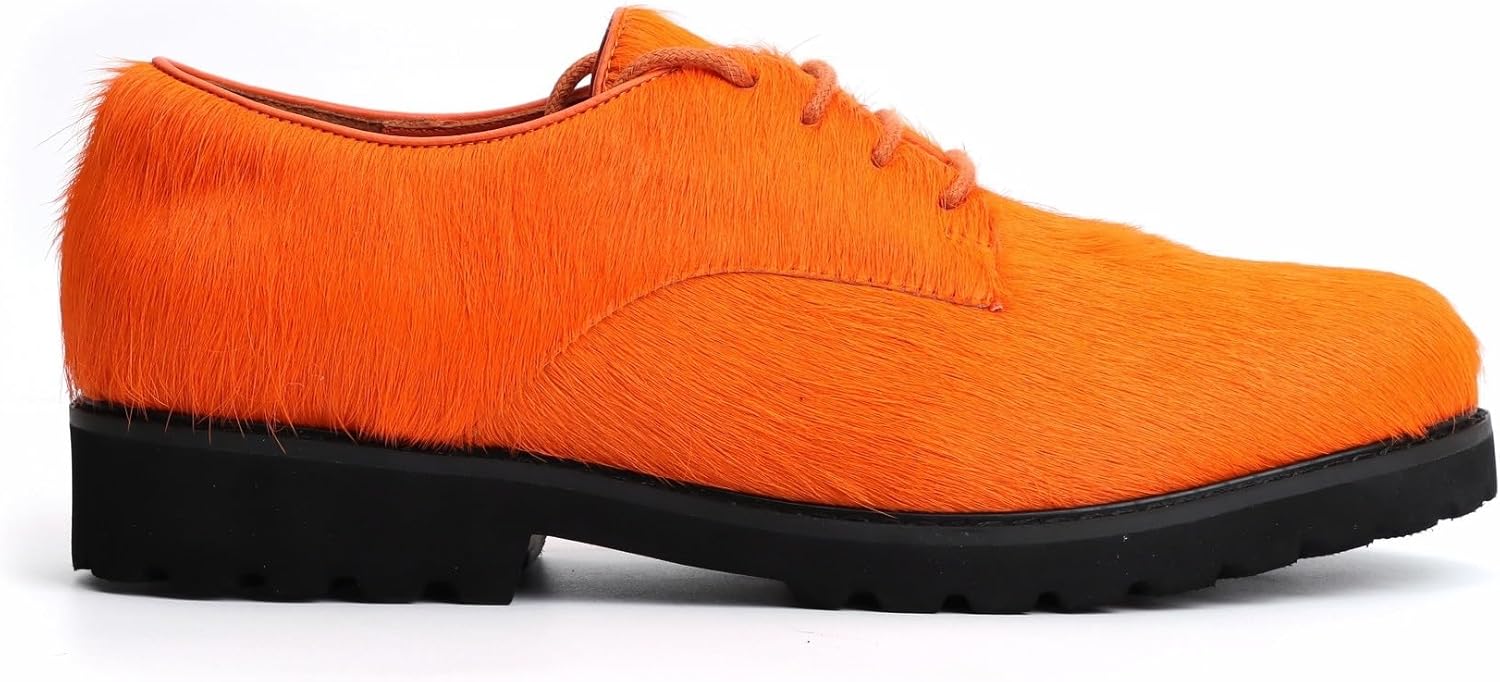 Handmade Natural Cowhide Derby Shoes for Women – Tricolor Haircalf Leather Two Tone Dress Oxfords with Chunky Sole, Western Style Lace-Up Vintage Flats - Image 4