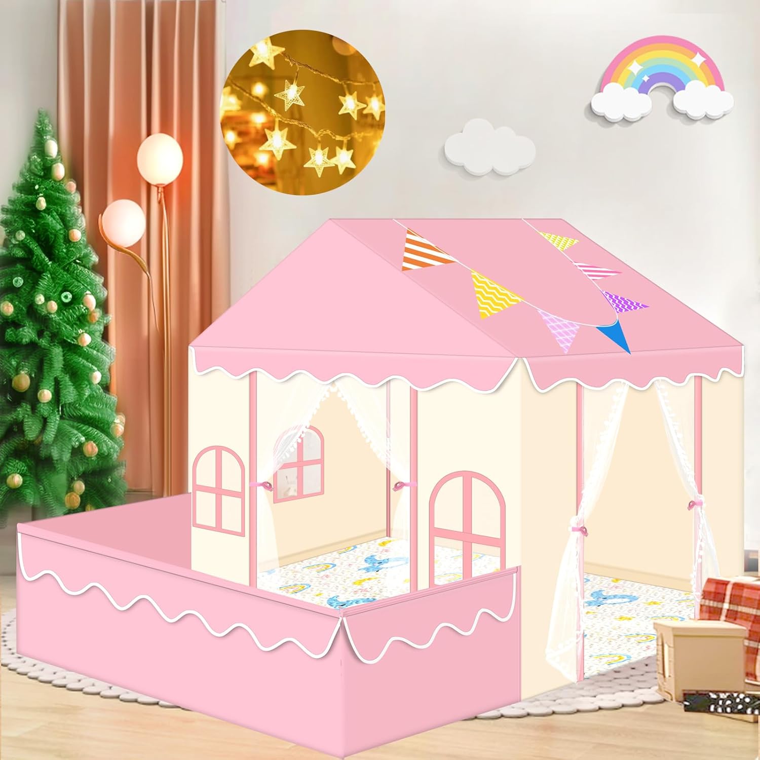 Kids Play Tent with Mat,Banner & Star Lights-Princess Play Tent for Girls Large Indoor Playhouse for Toddlers Kids Tent Ideal Christmas Birthday