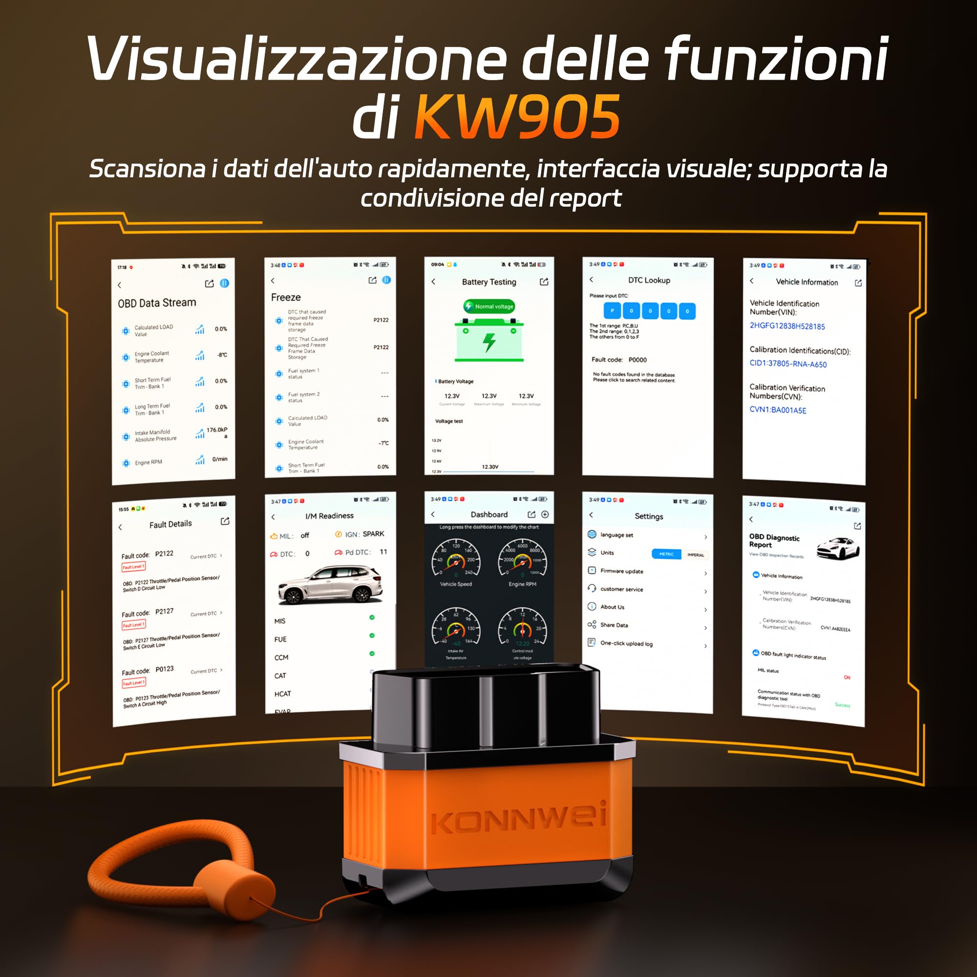 KONNWEI OBD2 - Dispositivo diagnostico Bluetooth, scanner wireless per auto, lettore di codici diagnostici con interruttore di alimentazione - Strumenti diagnostici OBD-II per iOS, Android e Windows