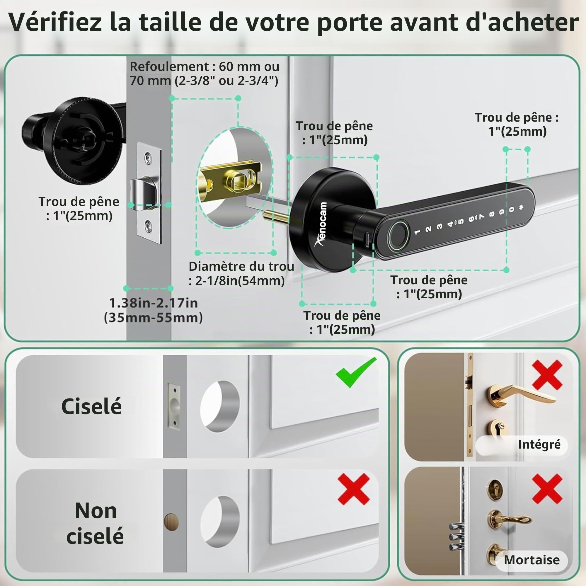 Serrure de porte intelligente à empreintes digitales avec poignée de clavier pour maison, appartement, bureau, porte d'entrée, chambre à coucher, serrure de porte d'entrée sans clé