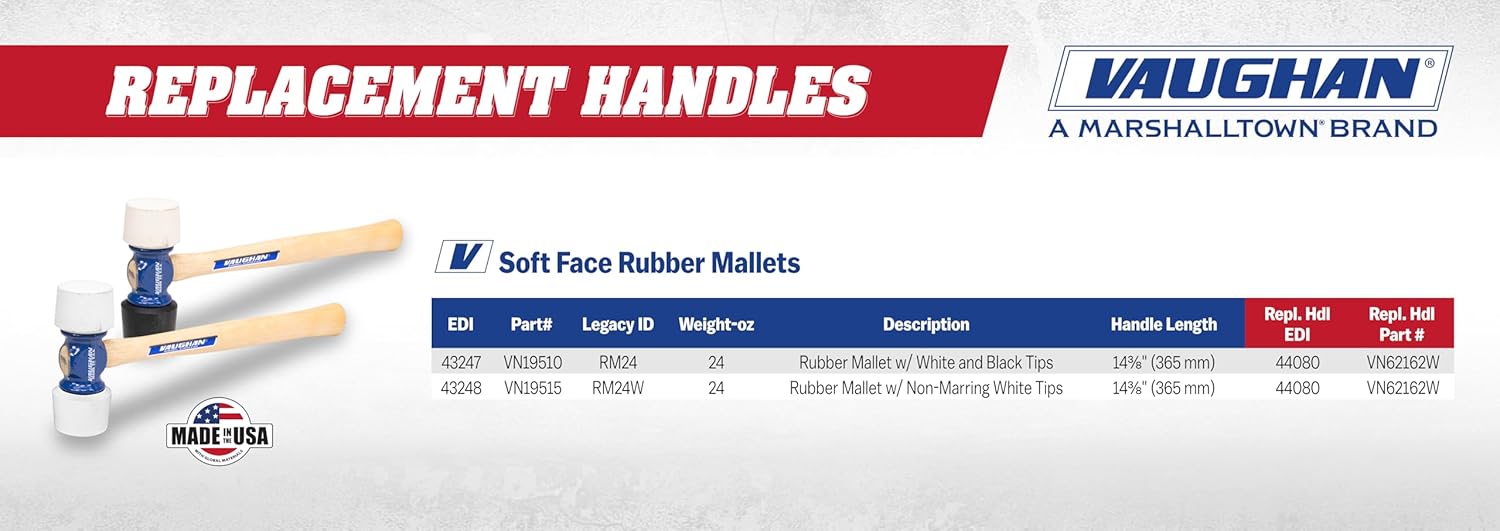 VAUGHAN 24 oz Soft Face Rubber Mallet, Made In The USA, White And Black, RM24, VN19510