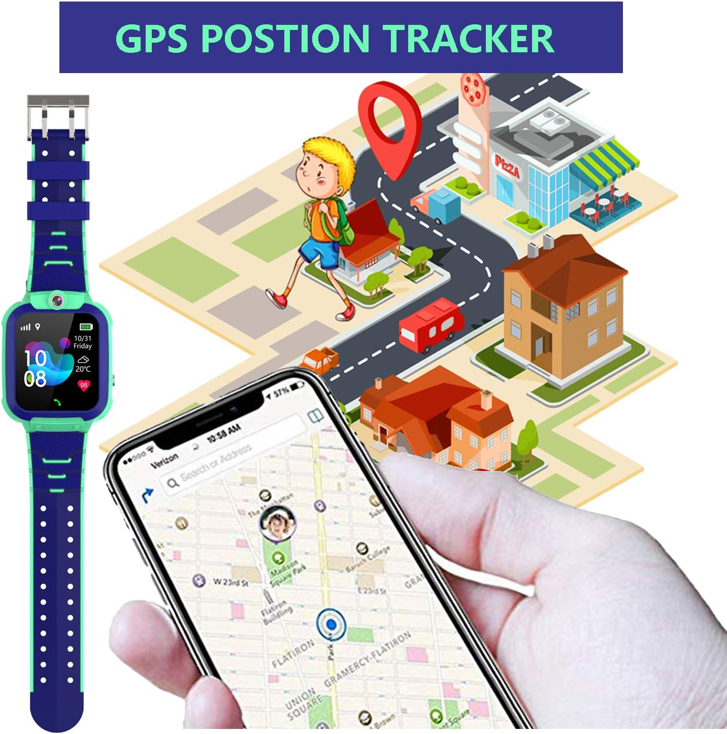 Image showing a child walking on a map with a GPS pin, and a smartphone displaying a map with the watch's location, illustrating the GPS tracking feature.
