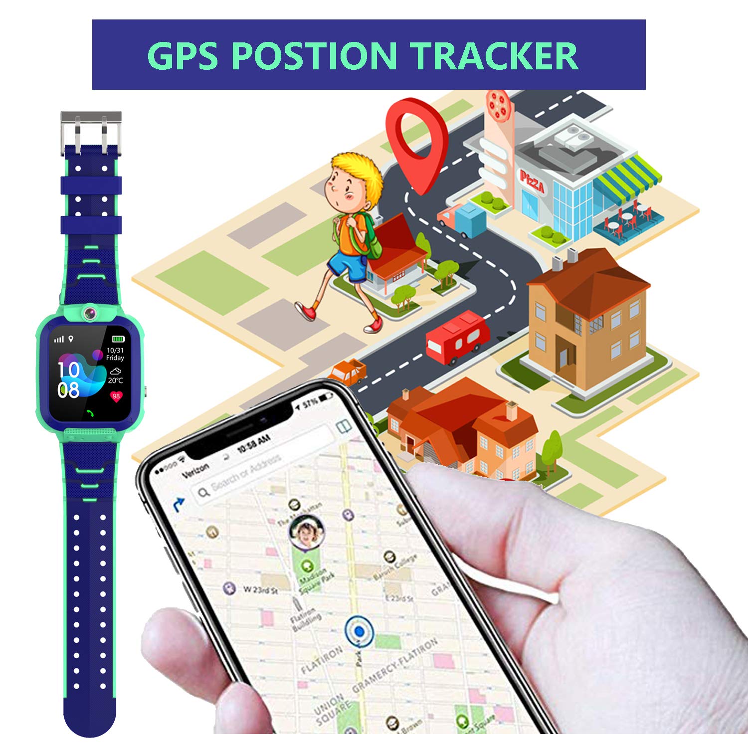 PTHTECHUS Reloj Inteligente para Niños Impermeable - Niños Reloj Inteligente GPS Tracker Posicionamiento Teléfono, Llamada de Emergencia SOS Valla electrónica Cámara Despertador PodometreChat Vocal