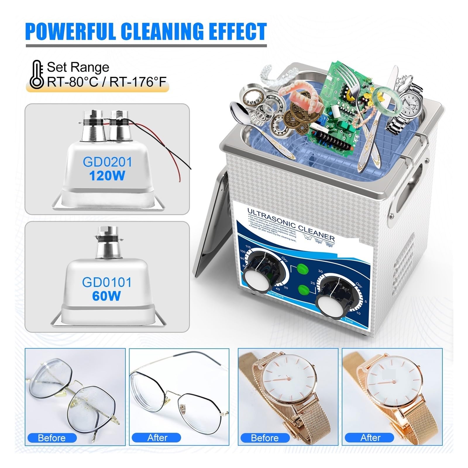 Limpiador ultrasónico Limpiador Ultrasónico De Acero Inoxidable, 120W, Agua Calefacción, 1,3 L, Control Temperatura del Baño, Lavadora Electrodomésticos, Circuito Joyería