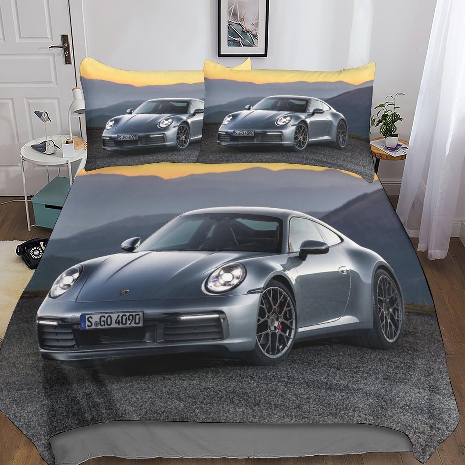 Housse de couette supercar 3D IOFEER anti-plis en microfibre douce pour lit 2 personnes