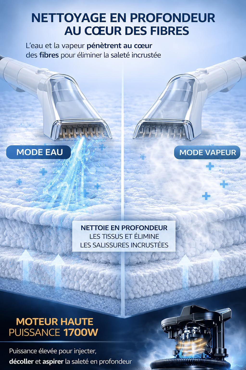 AquavexPro™ Ultra – Nettoyeur Injecteur Extracteur 1700W - 4 en 1 - Eau Froide/Chaude 65 °C & Vapeur 100 °C, Réservoirs 1.8L+1.1L - Shampouineuse Canapé, Tapis, Sièges Auto, Surfaces Dures, Vitres