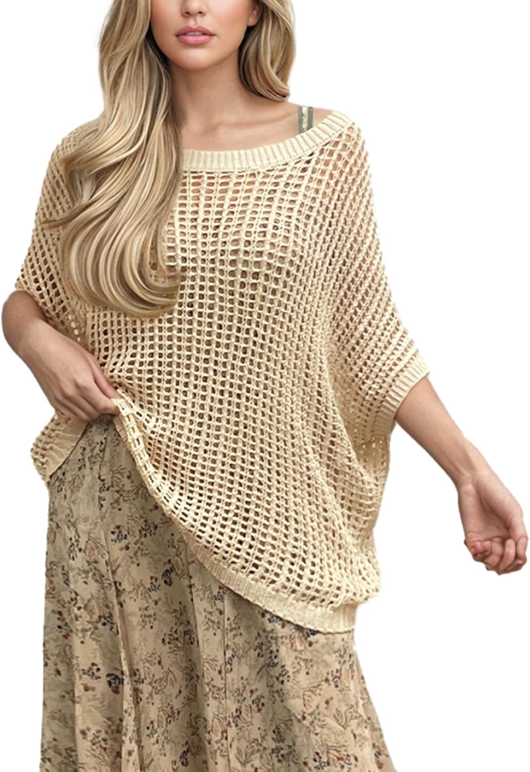 Women's Tops Beach Crochet Cover-up Scoop Neck Short Sleeve Sweater Casual Knitted Pullover 2026 Summer Hollow Tops