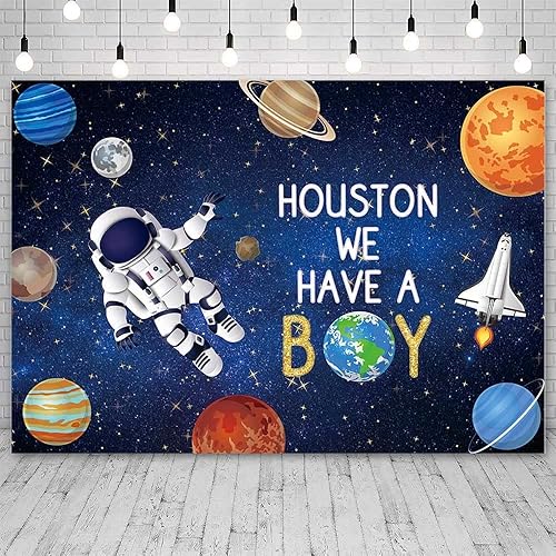 SENDY Fondo de 7 x 5 pies con texto en inglés «We Have A Boy» para baby shower, temática del espacio exterior, fondo de fotografía, astronauta,