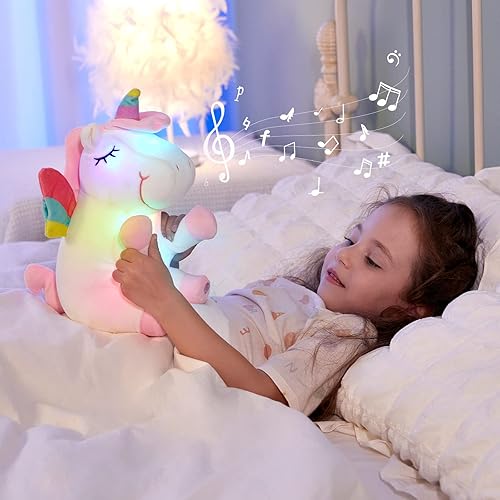 Miniatura 2 de Athoinsu Animal de peluche musical de unicornio con luces LED de noche, canción de cuna, brillante, día del niño, cumpleaños, día de San Valentín,