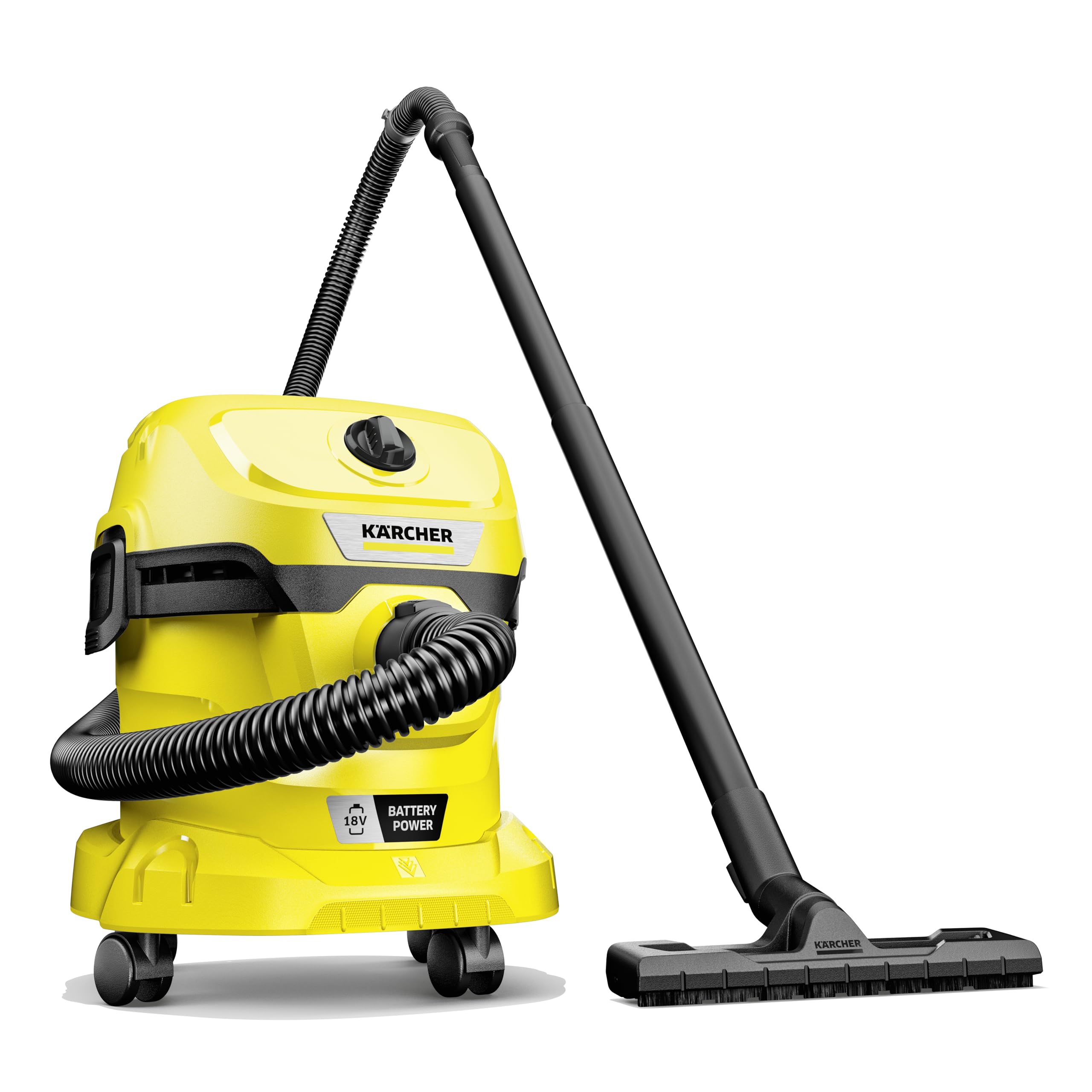 Kärcher Aspirateur Eau et Poussières sans Fil 18 V WD 2-18, Fonction Soufflerie, Cuve : 12 l, Flexible d'Aspiration : 1,8 m, Filtre Cartouche, Sachet Filtre Ouate, Suceur Eau/Poussières, sans Batterie