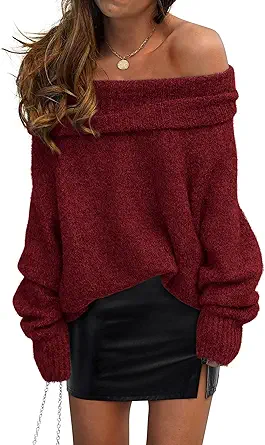 PRETTYGARDEN Women's Off The Shoulder Sweater Long Sleeve Tops 2025 Fall Loose Knit Pullover Sweaters Winter Clothes