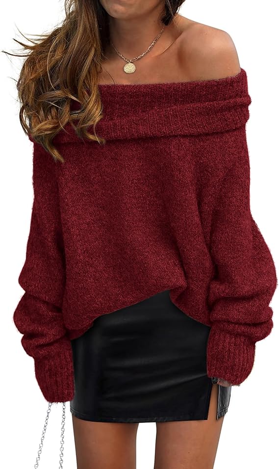 PRETTYGARDEN Women's Off The Shoulder Sweater Long Sleeve Tops 2025 Fall Loose Knit Pullover Sweaters Winter Clothes