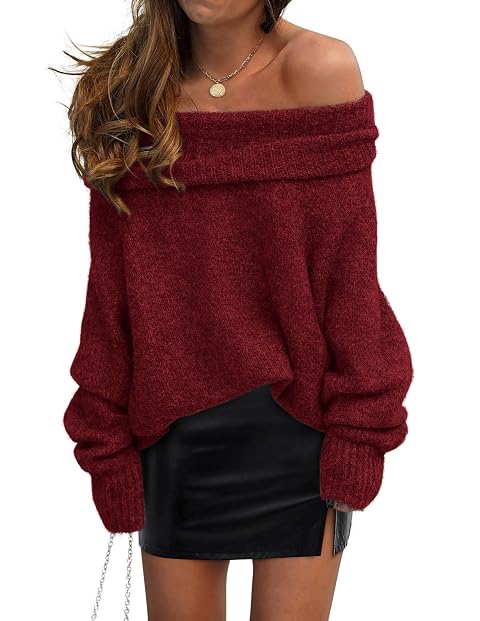 PRETTYGARDEN Womens Off The Shoulder Sweater Long Sleeve Tops 2025 Fall Loose Knit Pullover Sweaters Winter Clothes