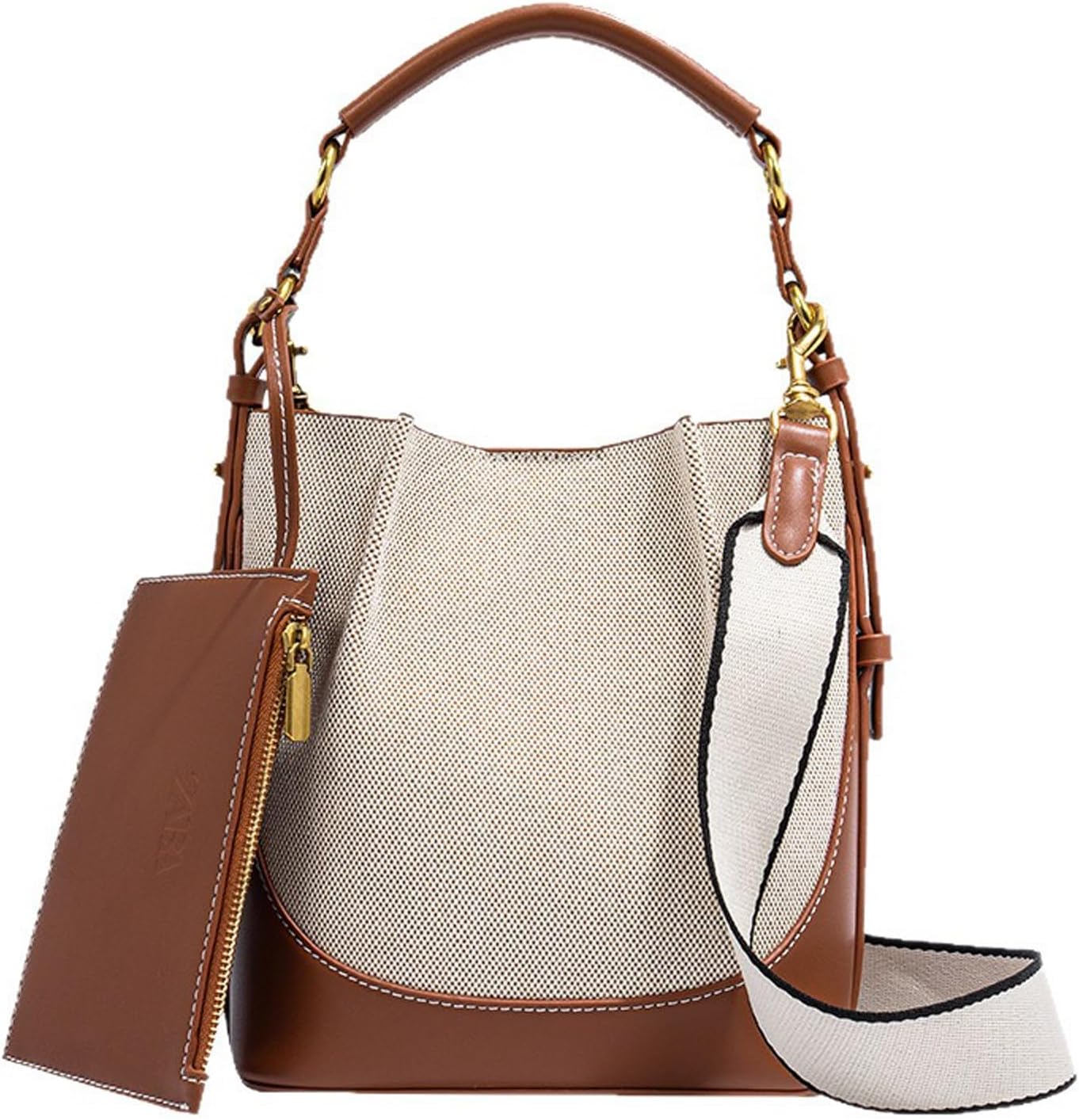 Women's bucket shaped wallet, wide shoulder strap, single shoulder handbag, canvas crossbody, drawstring, bucket bag