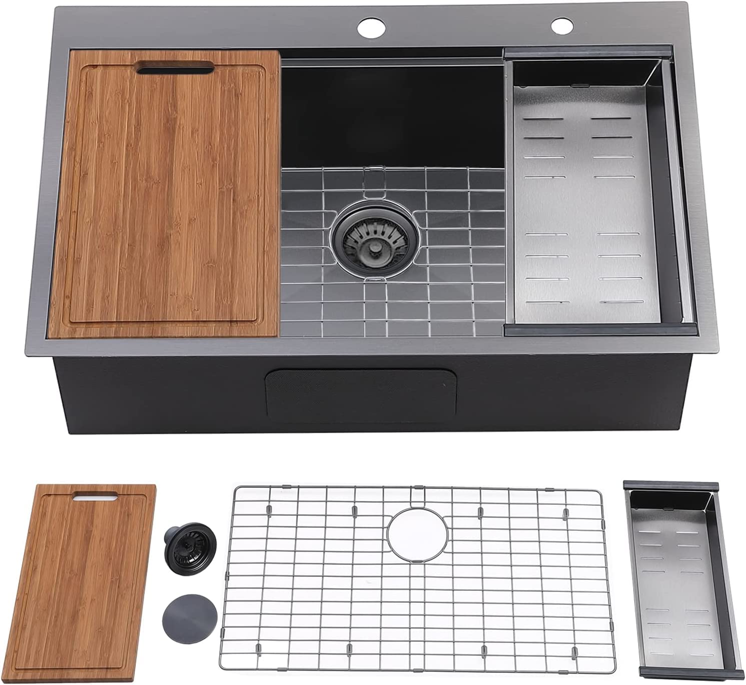 Photo 1 of *Factory Packaging* Friho 33x22 Inch Workstation Topmount Single Bowl Handmade Farmhouse Drop in Black Kitchen Sink, Black Stainless Steel Farm Sinks with Dish Grid,Dish Drainer,Cutting Board Basket Strainer Topmount Black