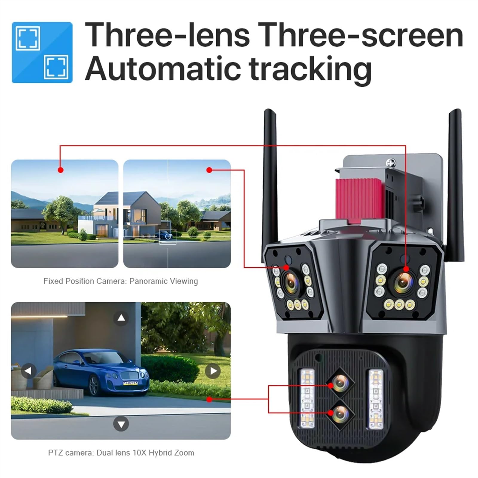 Telecamera di Sorveglianza, Telecamera esterna IP con zoom ibrido 10X a tre lenti da 16 MP a quattro di sicurezza impermeabile rilevamento automatico PTZ