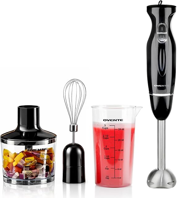 Mixeur plongeant électrique OVENTE 300 Watts, 2 vitesses de mélange avec lames en acier inoxydable, ensemble de mixeur à main avec fouet, bécher et hachoir alimentaire sans BPA, noir HS565B