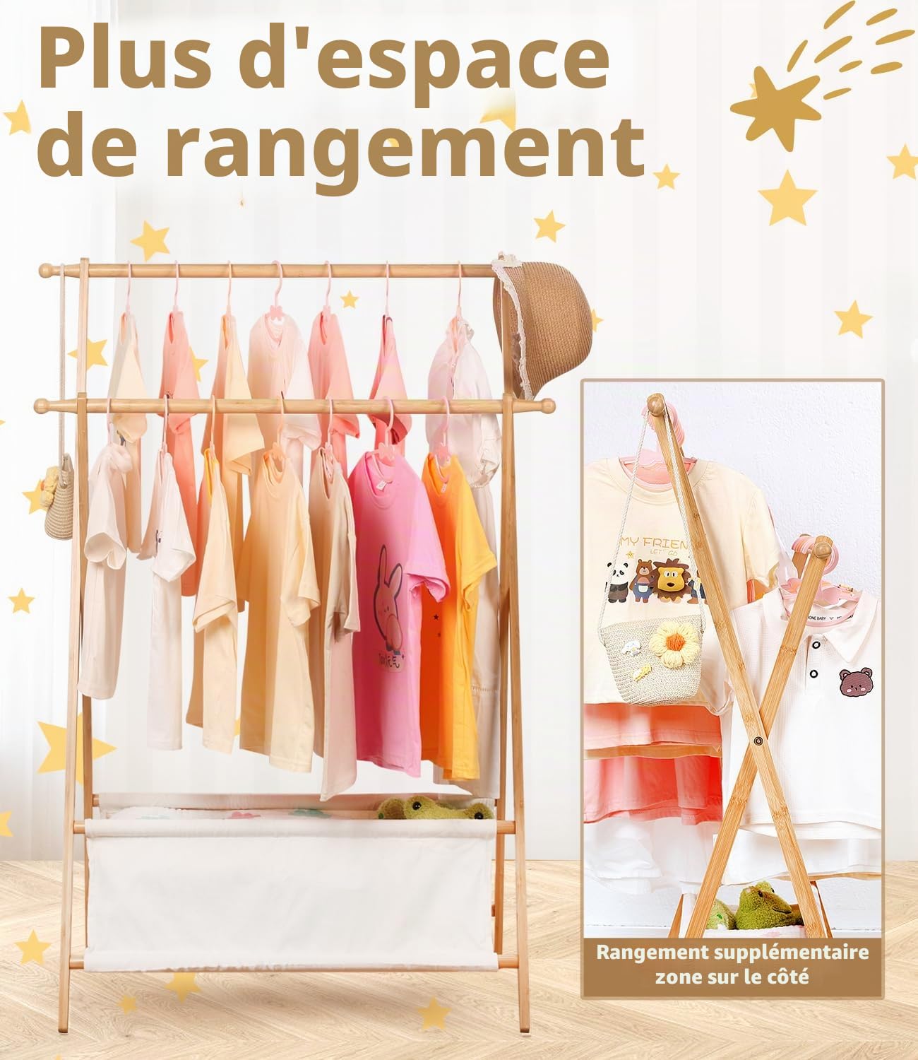 Porte-vêtements en bambou pour enfants avec deux pôles, porte-vêtements pour enfants, petit porte-vêtements avec rangement, parfait pour les costumes et les accessoires (couleur naturelle)